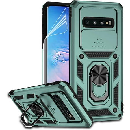 for Samsung Galaxy S10 Plus Case with Camera Lens Cover HD Screen Protector, Military-Grade Drop Tested Magnetic Ring Holder Kickstand Protective Phone Case for Samsung Galaxy S10+ Plus (Dark Green)