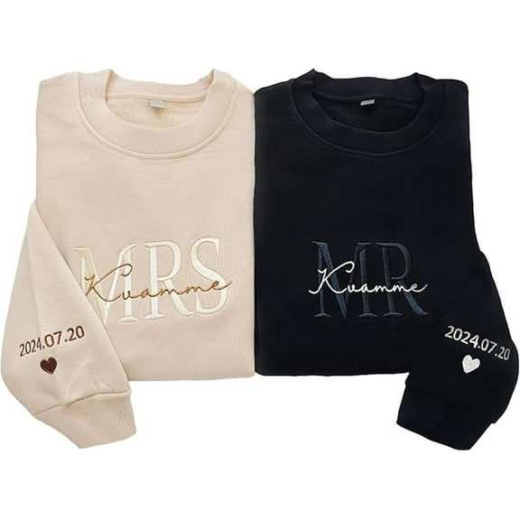 Personalized Mr and Mrs Embroidered Crewneck Sweatshirts with Dates on Sleeve, Personalized Husband and Wife Matching, Customized Honeymoon, Uni