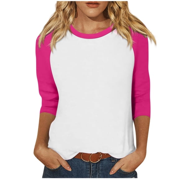 Floleo Women's Raglan 3/4 Sleeve Baseball T-Shirt, Casual Color Block Round Neck Top For Daily Wear And All Seasons (Hot Pink,L)