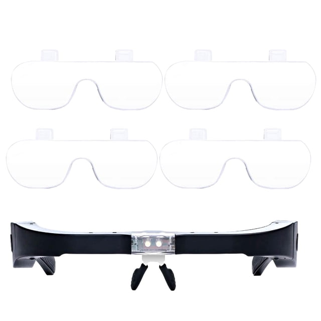MasteelfCA USB Rechargeable Head-mounted Magnifying Glass LED Light Magnifying Glass featuring a black ABS and metal frame with an ergonomic design for comfortable wear. Includes four interchangeable clear acrylic optical lenses and a rechargeable glasses frame with built-in LED lights for enhanced visibility. Suitable for engineers, repairmen, seniors, jewelry connoisseurs, and activities like reading, embroidery, and maintenance.