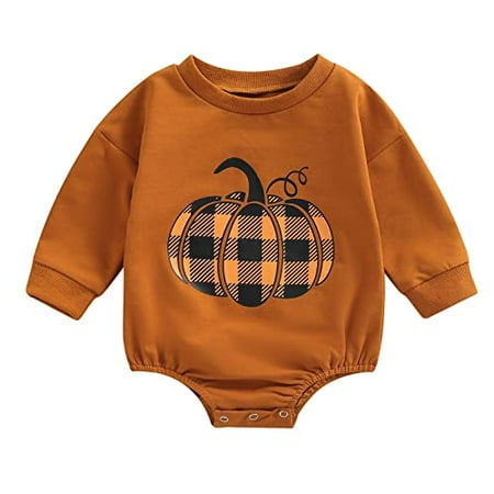 

StylesILove Unisex Baby Boys Girls Plaid Pumpkin Long Sleeve Cotton Brown Sweatshirt Romper Toddler Halloween Jumpsuit (6 Months)
