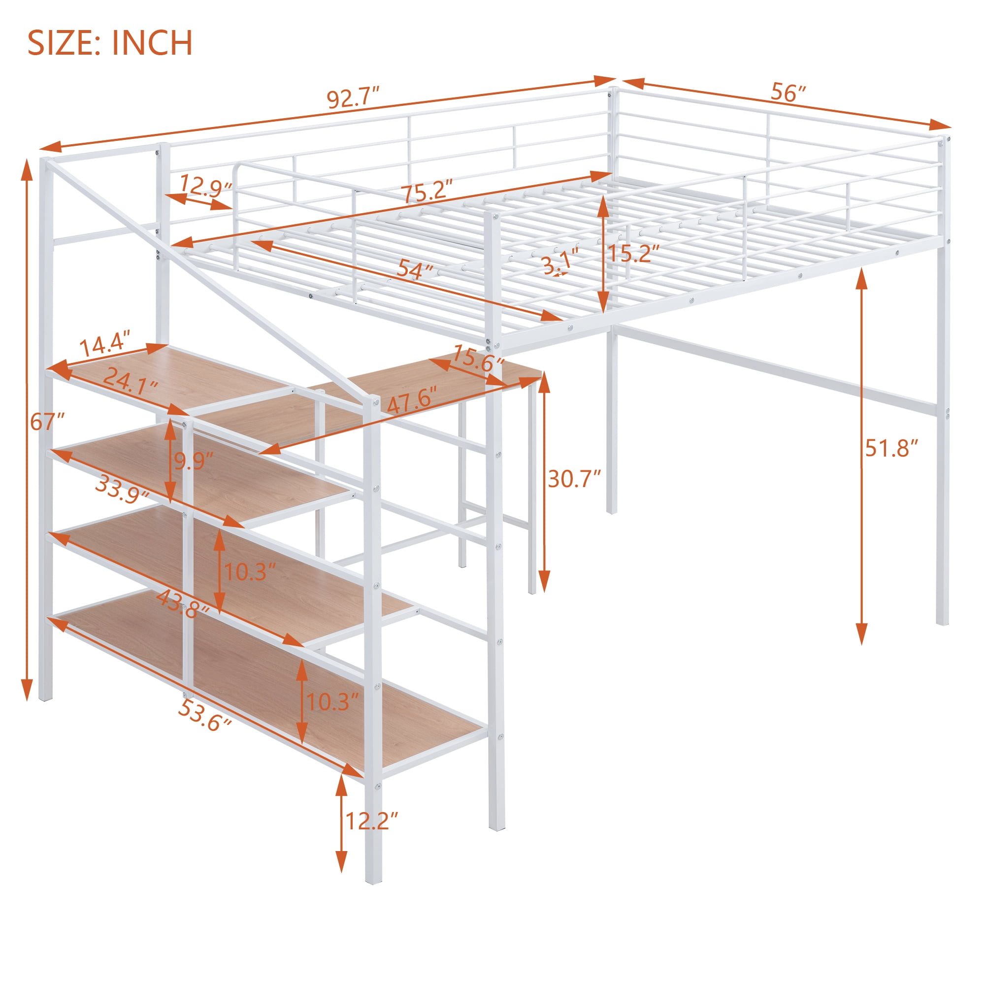 Full Size Loft Bed with Desk and Lateral Storage Ladder,Metal Loft Bed for Kids,White