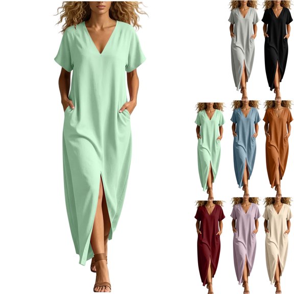 Dvprdro V Neck Short Sleeve Cotton Side Pockets Loose A Line Maxi Dress for Women Summer Beach Vacation Solid