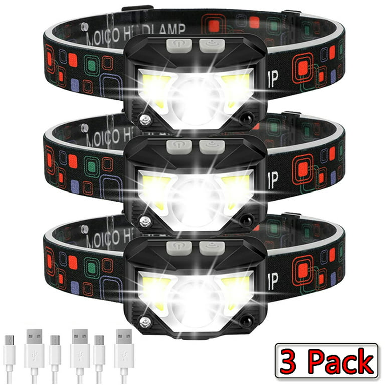 Rechargeable LED Headlamp 3 Pack, Elbourn 1100 Lumen Motion Sensor  Waterproof Hat Work Light with White Red Light for Camping