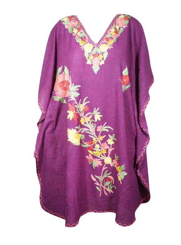 Mogul Women Purple Floral Embroidery Caftan Dress V-Neck Kimono Resort Wear Mid Length Cover Up Kaftan Dresses 2XL