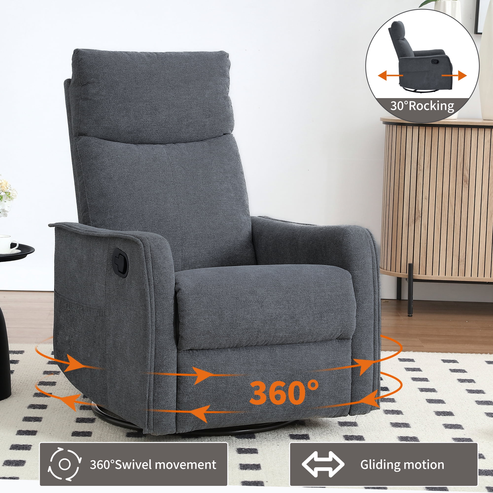 JXXRZ Heated Massage Swivel Rocker Recliner Chair w/ Manual Recline & Breathable Fabric, Grey
