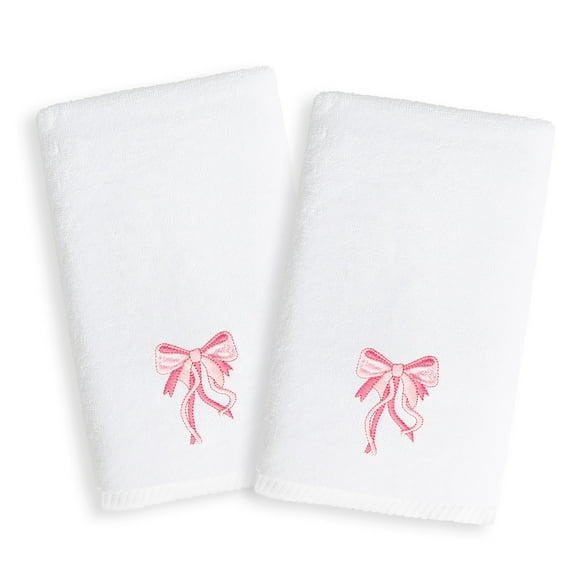 Authentic Hotel and Spa Sweet Kids Pink Bow Embroidered White Turkish Cotton Hand Towels (Set of 2)