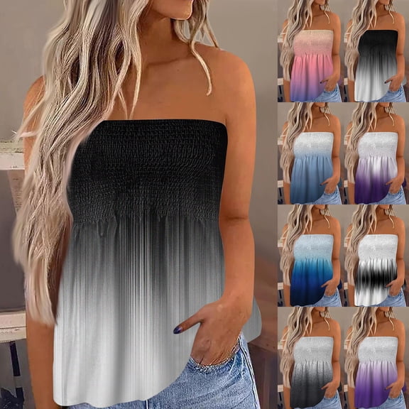 Womens Striped Tie Dye Tube Tops Smocked Ruffled Strapless Backless Bandeau Tops Gray L