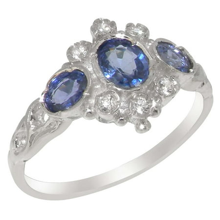 LBG English Made 9k White Gold Ring with Natural Sapphire & Cubic Zirconia Womens Engagement Ring - Size 7.25