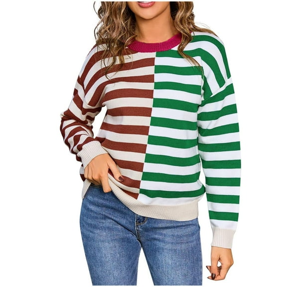 Uootdi Women's Striped Color Block Sweater Crew Neck Long Sleeve Casual Loose Fit Pullover Top Fall Winter Fashion Trendy Knitwear Green Women Top