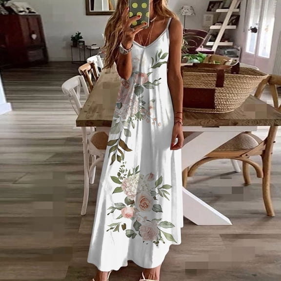 Aimik Sleeveless Long Sundress for Women Summer Floral Print Everyday Maxi Dress Ankle Length Draped Breathable Comfort Dress