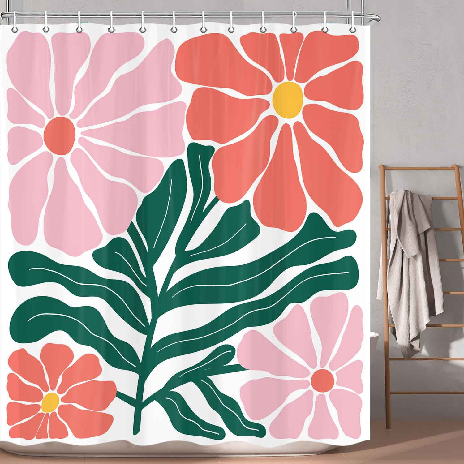 Retro Boho Floral Abstract Shower Curtain, 60s 70s Mid Century Vintage Cute Pink Flower Botanical Shower Curtain for Bathroom, Modern Minimal Style Fabric Bath Curtain Set Decor with Hooks 69X70IN