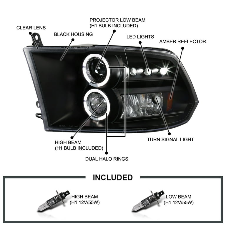 09-19 Dodge Ram Spec-D Tuning Black Halo LED Projector Headlights - 2LHP-RAM09JM-TM
