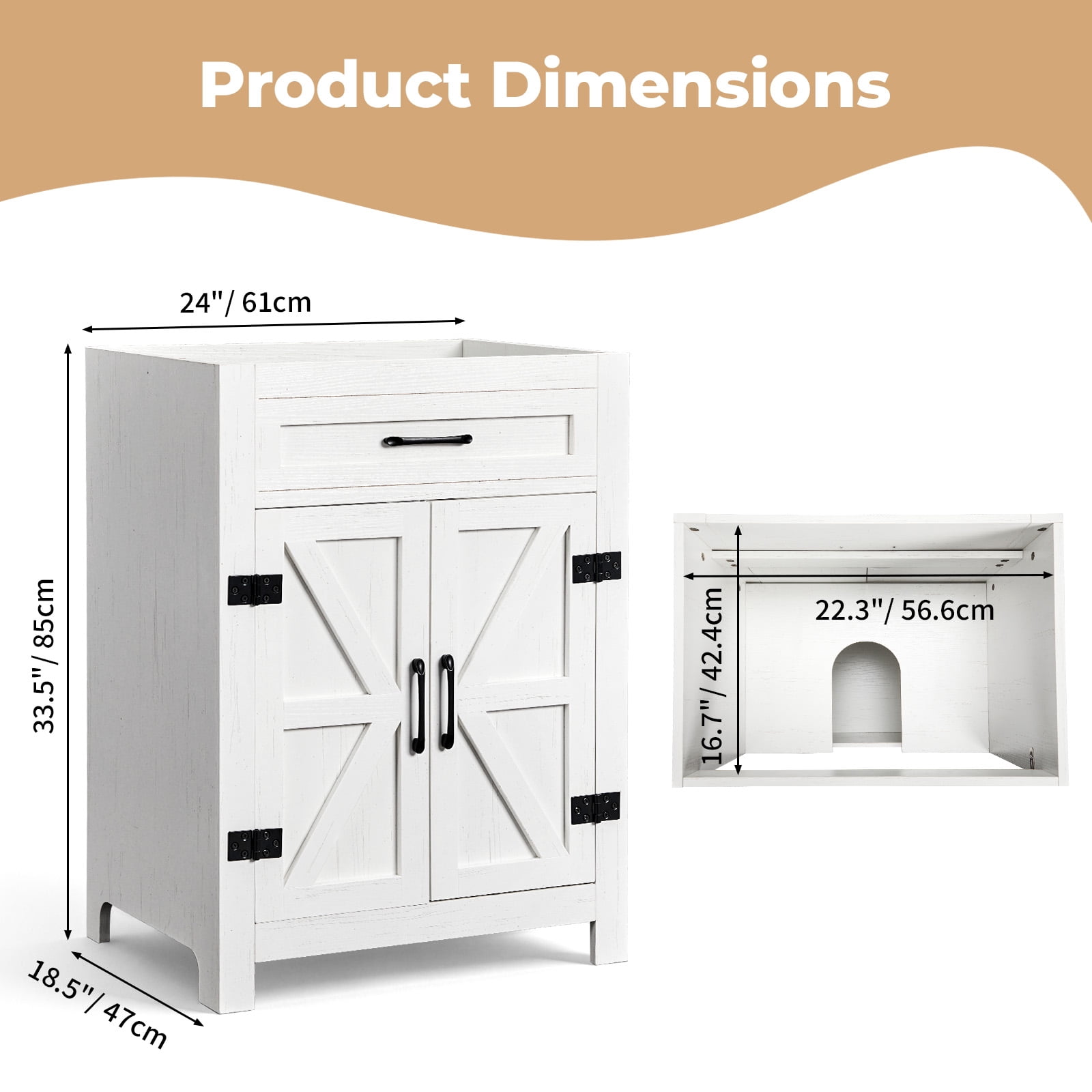 Ktaxon Farmhouse 24'' Bathroom Vanity Cabinet without Sink Ceramic Top, Washed White (Only Cabinet)