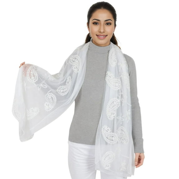 Women's Embroidered Floral Lace Scarf Solid Double Layered Faux Pearls Long Wrap Scarf- White