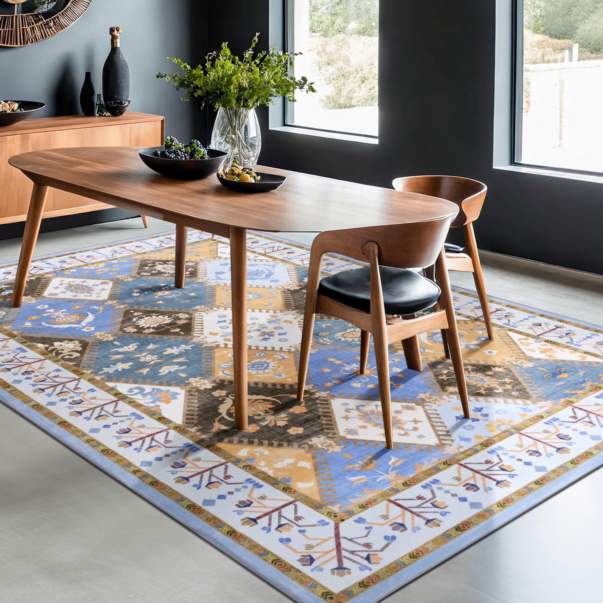 Wondo Moroccan Vintage Trellis Area Rug - Machine Washable Non-Slip Low-Profile 6x9 Floor Carpet for Living Room, Bedroom, Dining Room, Office & Nursery, Blue