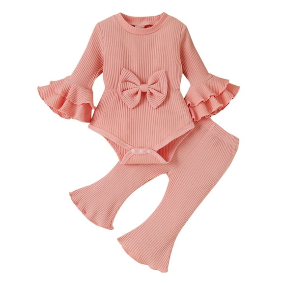 Otqutp Cute Kids Outfits for Girls Long Sleeve Ribbed Bowknot Romper Bodysuit Ruffles Bell Bottoms Pants Outfits Christmas Gifts 0-12 Months