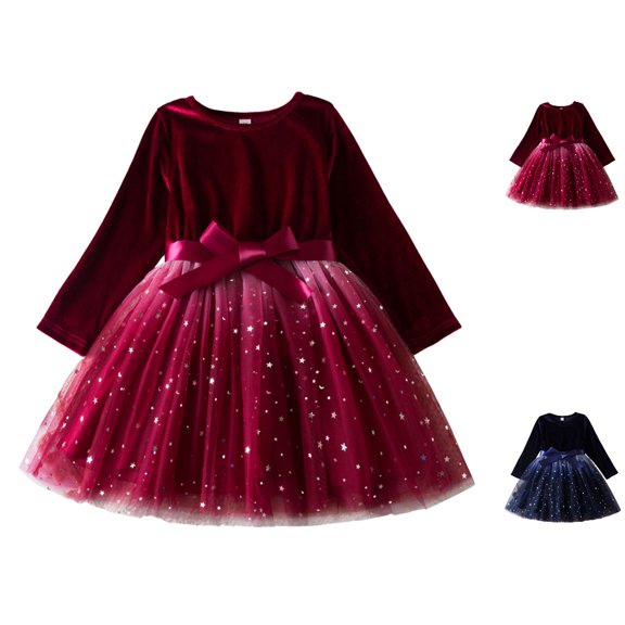 HJYCHN Girls Dress Long Sleeve Star Print Mesh Party Gown with Bow Tie for Christmas Kids Dress 5-6 Years