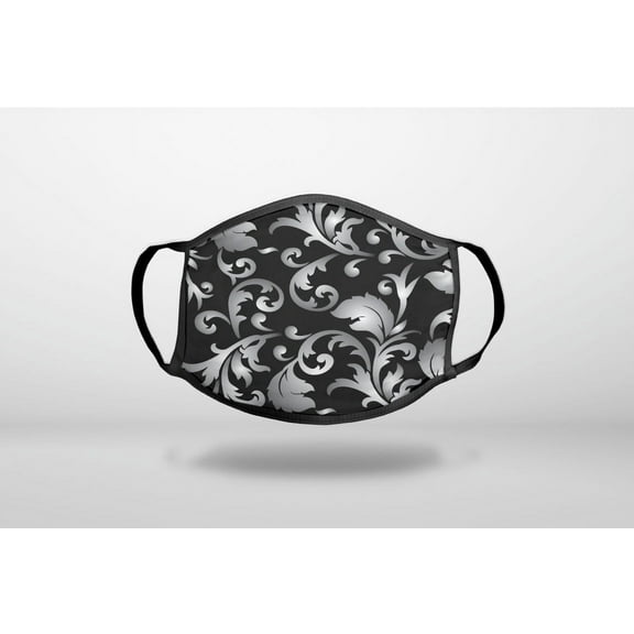 Silver Grey Black White Floral - 3-Ply Reusable Soft Cloth Face Covering, Unisex, Cotton Inner Layer