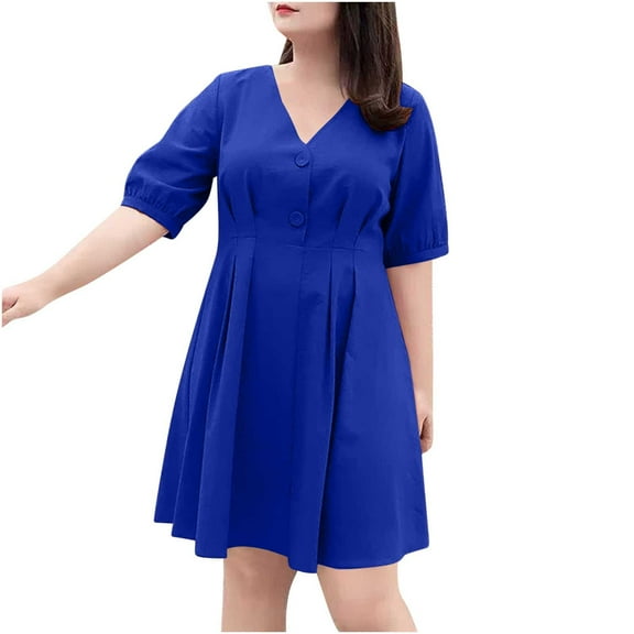 Plus Size V Neck Mini Dress for Women Short Sleeve Casual Summer A-Line Tunic Dress with Pockets Flowy Sundress