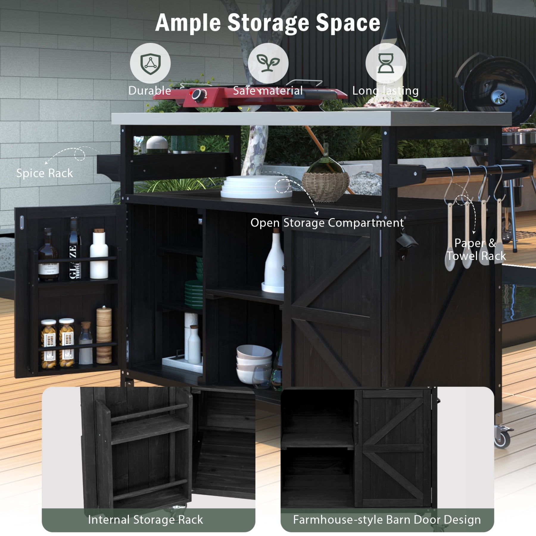 Harper & Bright Designs Kitchen Island with 2 Drop Leaf, Rolling Kitchen Cart on Wheels with Power Outlet, Folding Storage Dining Table with Spice & Towel Rack, 3 Drawers, Black