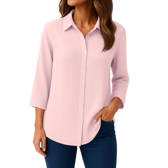 OIOLOYJM 3/4 Sleeve Women's Button Down Shirts Collared Textured Business Blouses Loose Fit Dressy Casual Fashion Work Tops with Chest Pocket Beige L