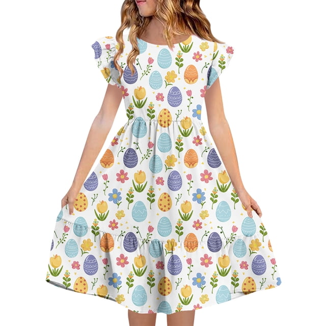 Vestido de Verano de Manga Corta Impresión de Verano de Niños Vestido de Manga Plisada de Doble Capa para Vestidos de Verano de 5-14 Años de Edad con Mangas Cortas