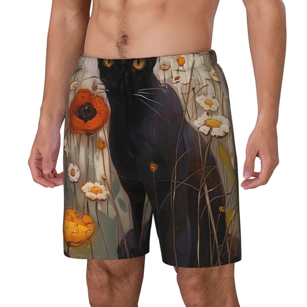 Balery Black Cat in Wildflowers Bañador para hombre, shorts de playa de secado rápido con entrepierna y forro de compresión-XX-Large