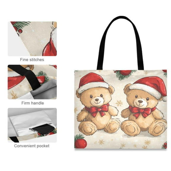 Canvas Tote Bag for Women Girls Design Print Bears Christmas Hats Tote
