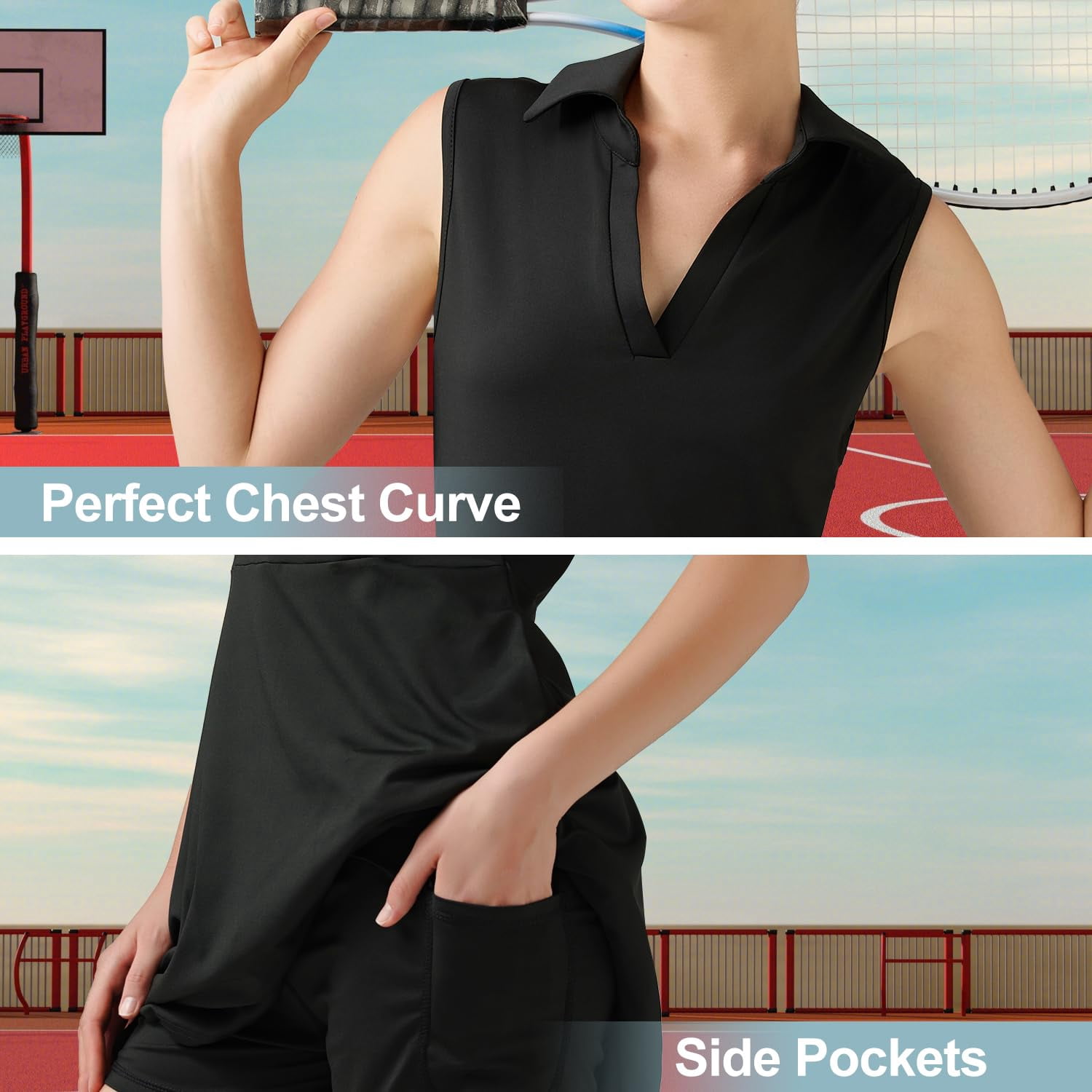 Golf Tennis Dresses, Women Athletic Dress with Separate Shorts, V Neck Sleeveless Workout Dresses Solid Color M