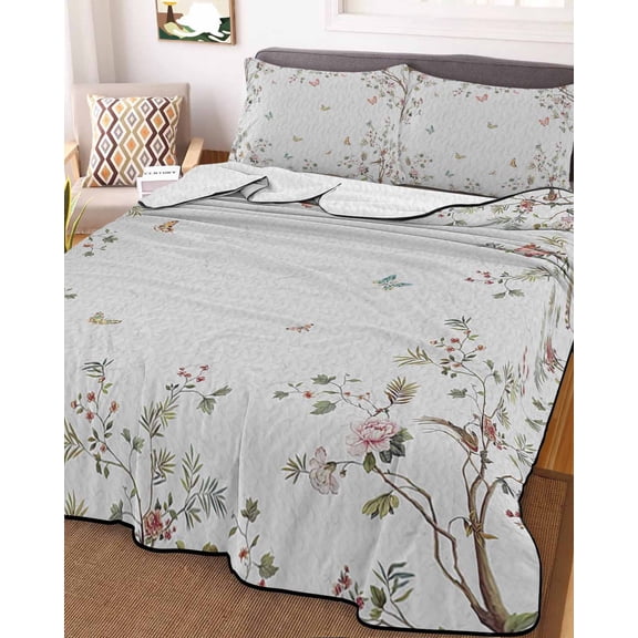 Vintage Botanical King Size Down Alternative Comforter, Lightweight Comforter Quilt Bedding Set with Pillow Shams Spring Floral Botterfly Summer Flower All Seasons Bed Comforter Duvet Insert 96"x106"