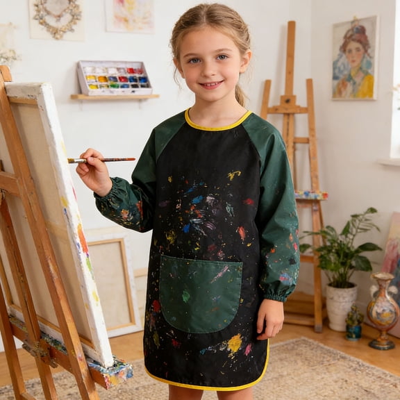 Girls T Shirts Kids Long Sleeve Art Apron with Front Pocket Mealtime Shield Girls Clothes Black1 5-7 Years