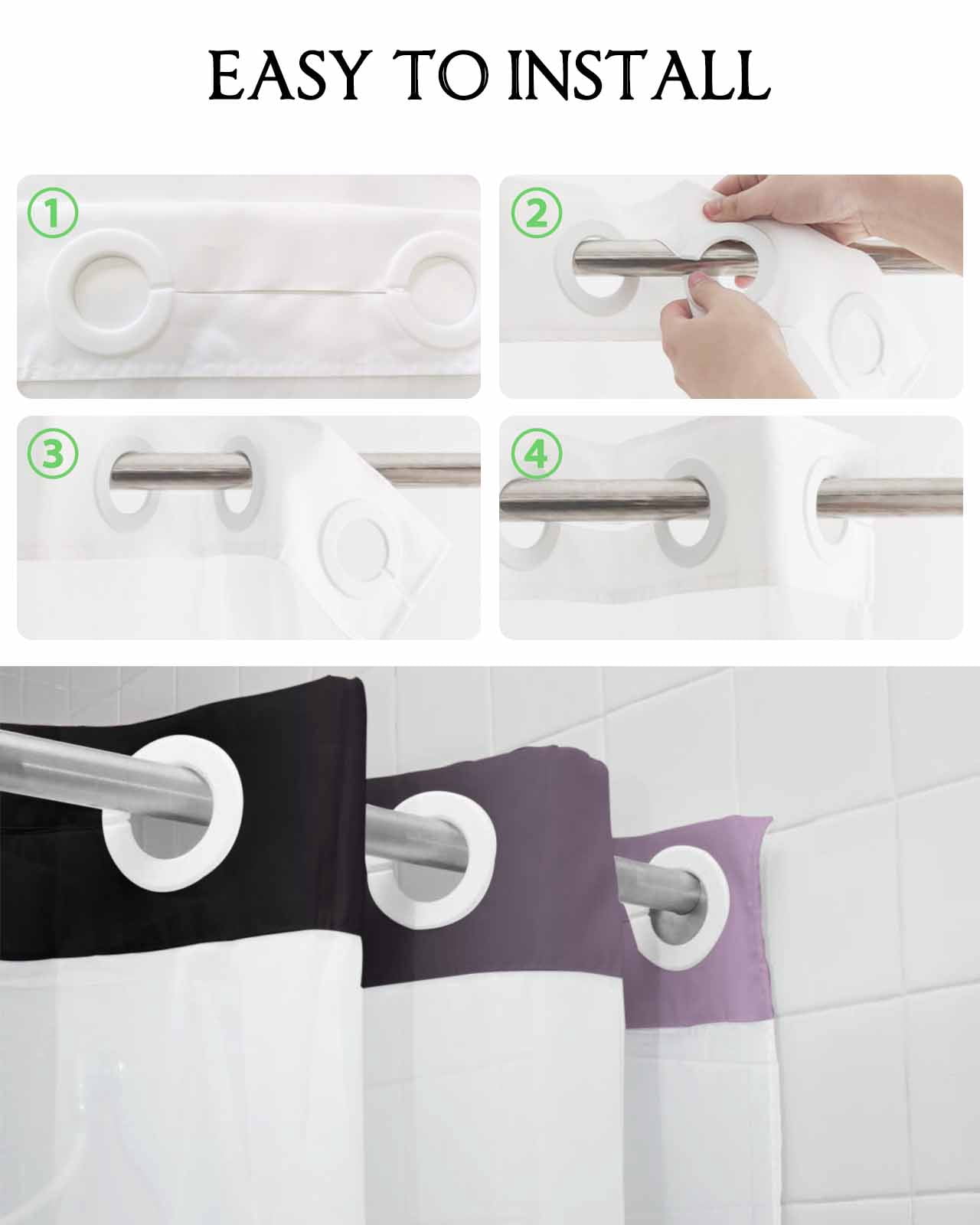 No Hook Shower Curtain with Snap in Liner, Ombre Abstract Gradient Purple and Black Hotel Shower Curtains for Bathroom, Washable Shower Curtain Liner Set with Mesh Top Window, 72"x84"