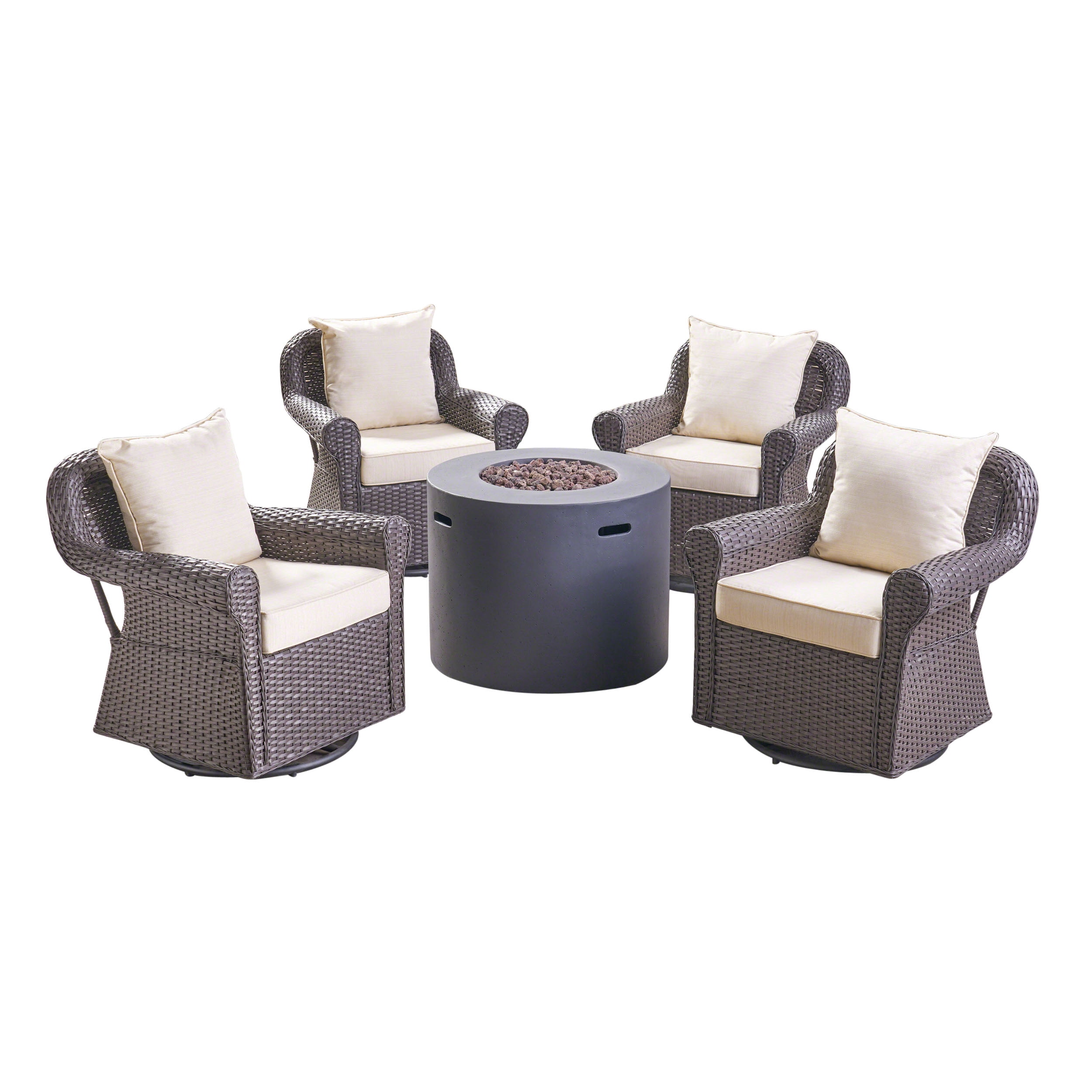 O'Neal Outdoor 5 Piece Swivel Wicker Club Chair Set with cushions and Round Fire Pit, Dark Brown, Beige, Dark Gray