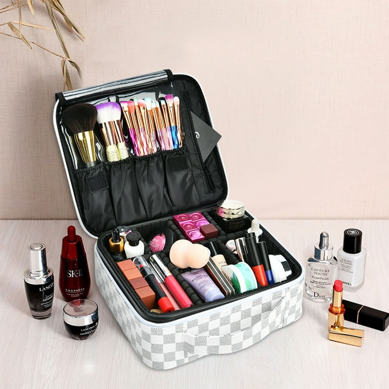 LOKASS Checkered Beauty Leather Makeup Bag for Women Travel Cosmetic Organizer with Adjustable Dividers Walmart