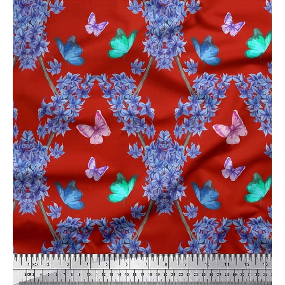 Soimoi Cotton Cambric Fabric Butterfly & Wildflower Floral Print Sewing Fabric Yard 42 Inch Wide