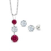 Gem Stone King 925 Sterling Silver Red Created Ruby and White Zirconia Pendant and Earrings Jewelry Set For Women (3.50 Cttw, Gemstone July Birthstone, with 18 inch Chain)