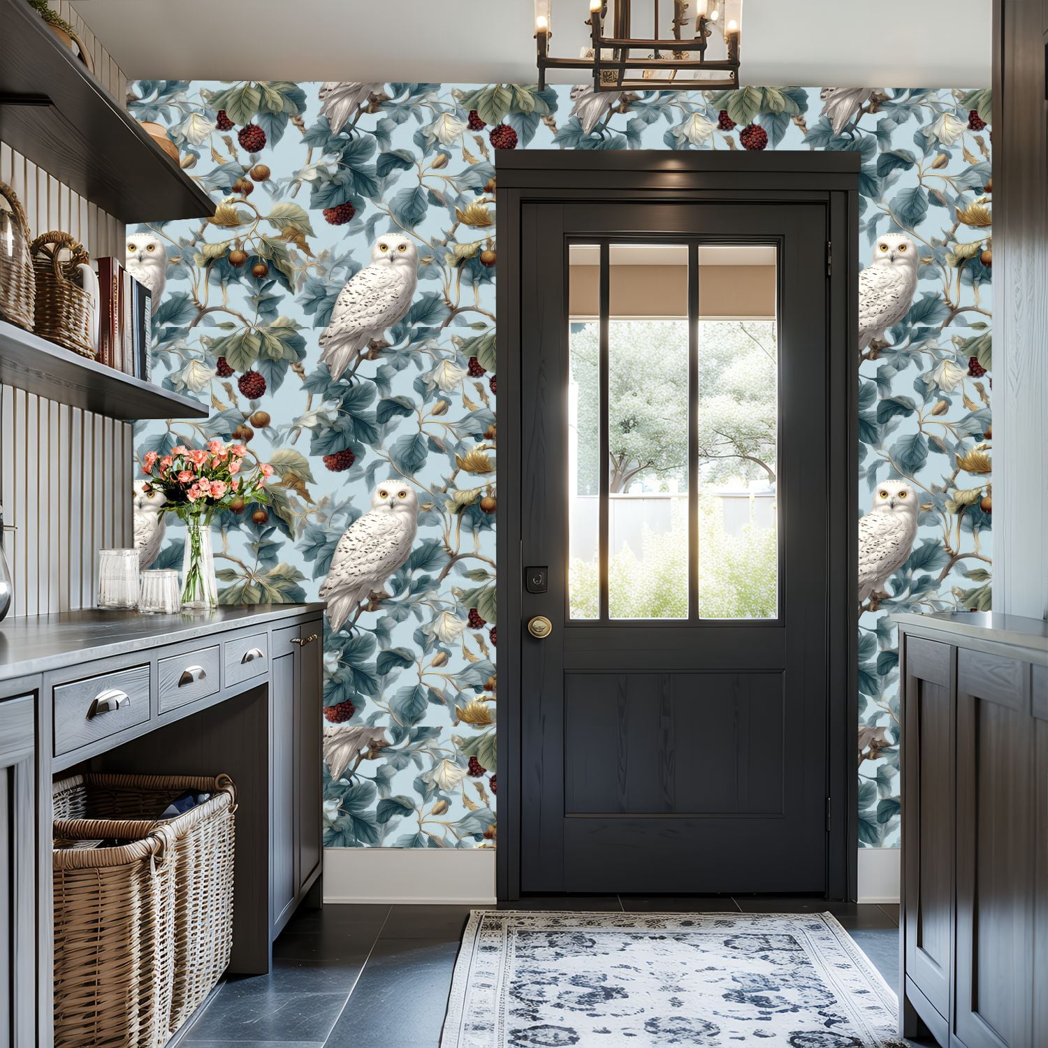 Peel and Stick Wallpaper Snowy Owl perched among foliage vibrant berries Wall Mural 17.7in x 9.8ft Self Adhesive Removable Wall Paper Renter Friendly Wallpaper for Nursery Bedroom Cabinets