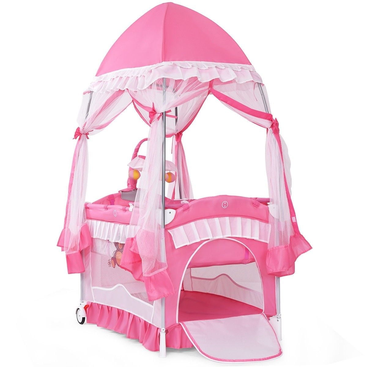 pink and white bassinet