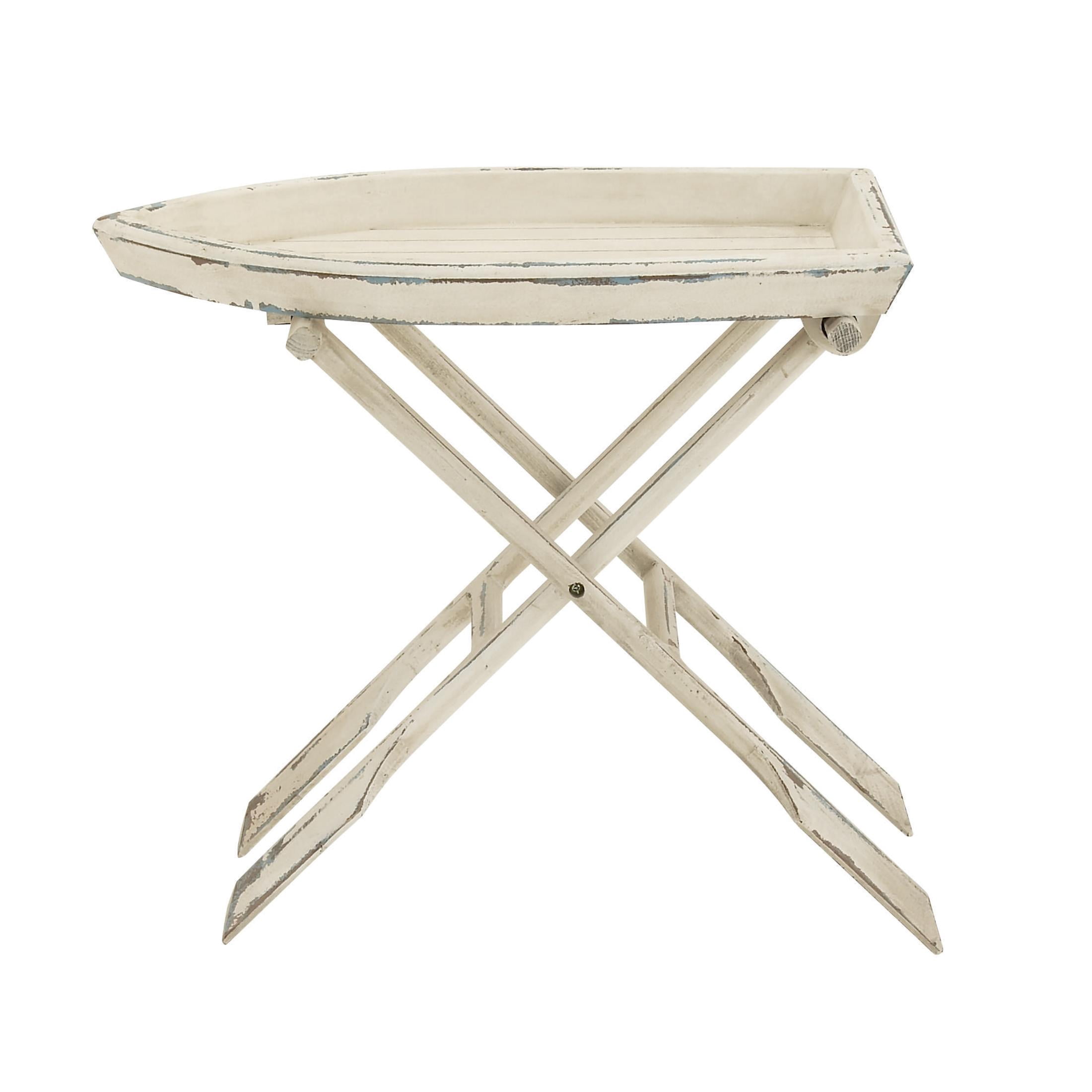 DecMode Coastal Wood Boat with Oar Inspired White  Accent Table, 28"W x 25"H