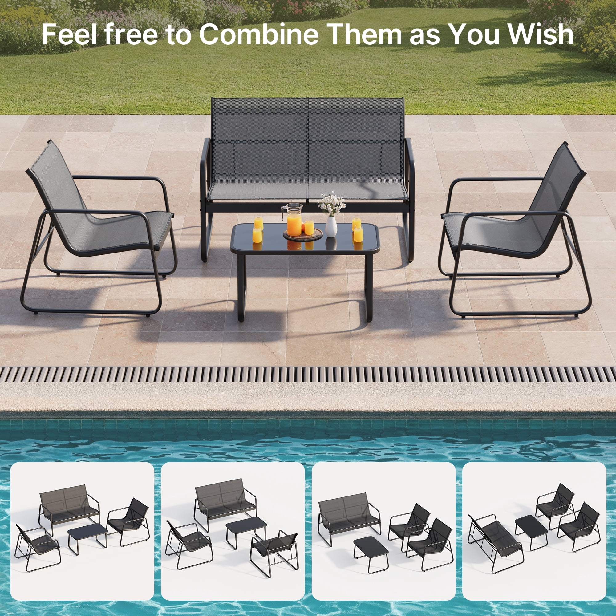 All-Weather Handwoven Steel 4-Piece Rocking Patio Set Including Chairs and Coffee Table for Outdoor Leisure Space Grey