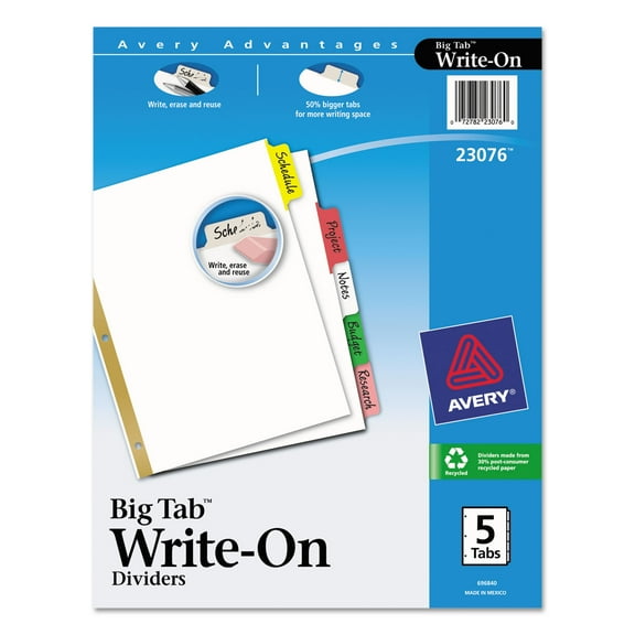 Avery Big Tab Write & Erase Dividers, Assorted Colors, 5 Tabs/Divider (23076)