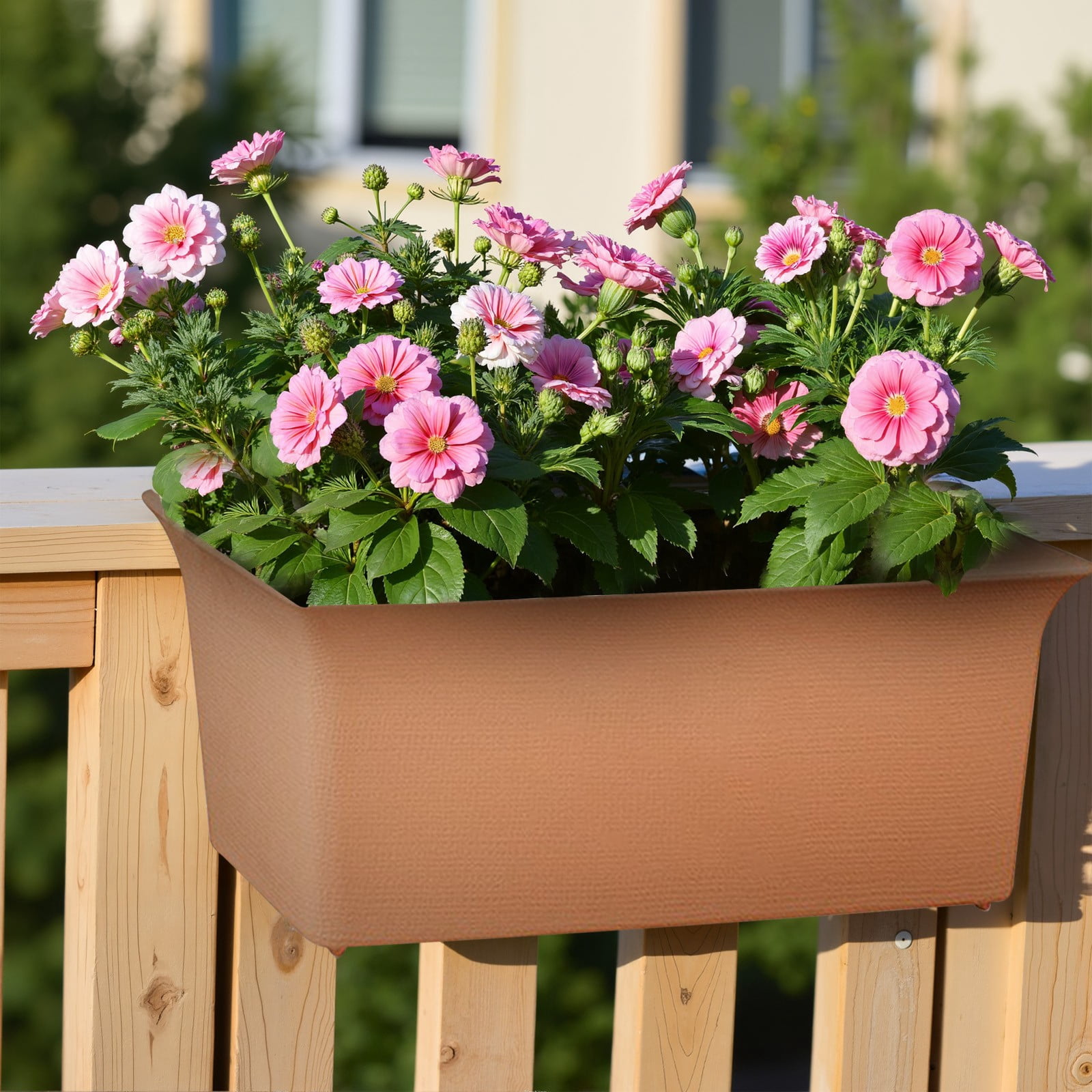 Window Box Planter with Trays, Plastic Flower Planter Boxes, Plastic Vegetable Planters, Rectangle Indoor and Outdoor Flower Pots for Windowsill, Patio, Porch, Garden, Balcony, Beige Tray, Small