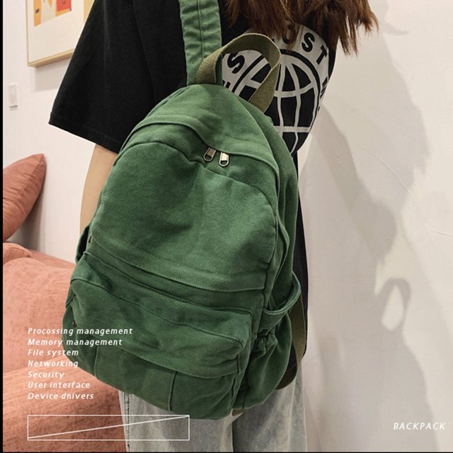 Canvas Backpack Bags Large Capacity Zipper Closure Daypack Large Capacity Canvas Solid Color Schoolbag Causal Handbag Students Tote Shoulder Bag Green