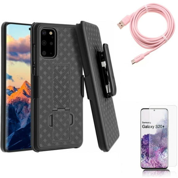 Screen Protector w Case Belt Clip w 10ft Long USB-C Cable for Samsung Galaxy S20 Plus - Tempered Glass [Fingerprint Unlock] 3D Curved Edge, Holster Swivel Cover, Pink Charger Cord fits Galaxy S20 Plus