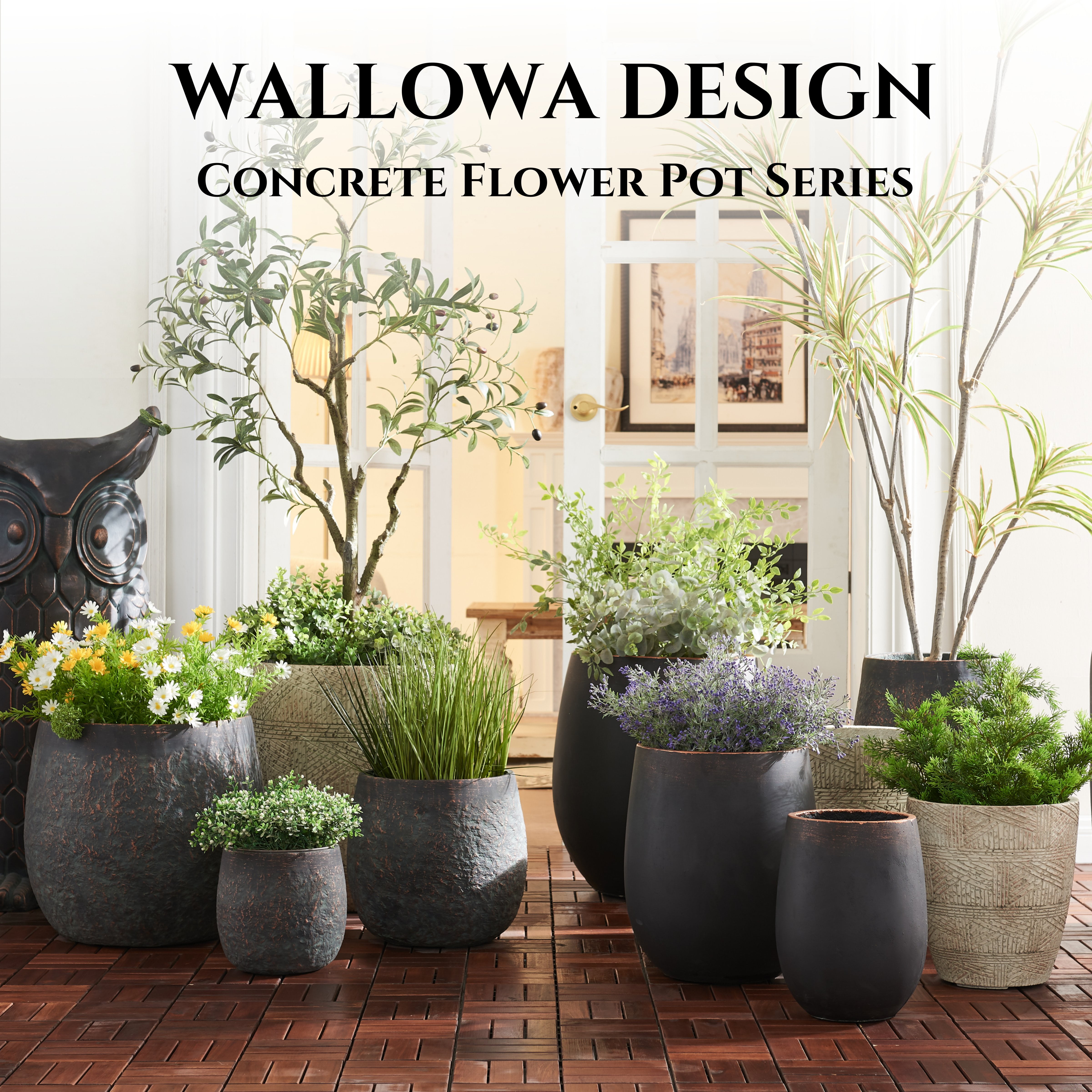 Wallowa Concrete Flower Pots with Drainage Holes, 17.6"+13.8"+9.8" Dia Round Plant Container for Indoor or Outdoor, Set of 3, Gray