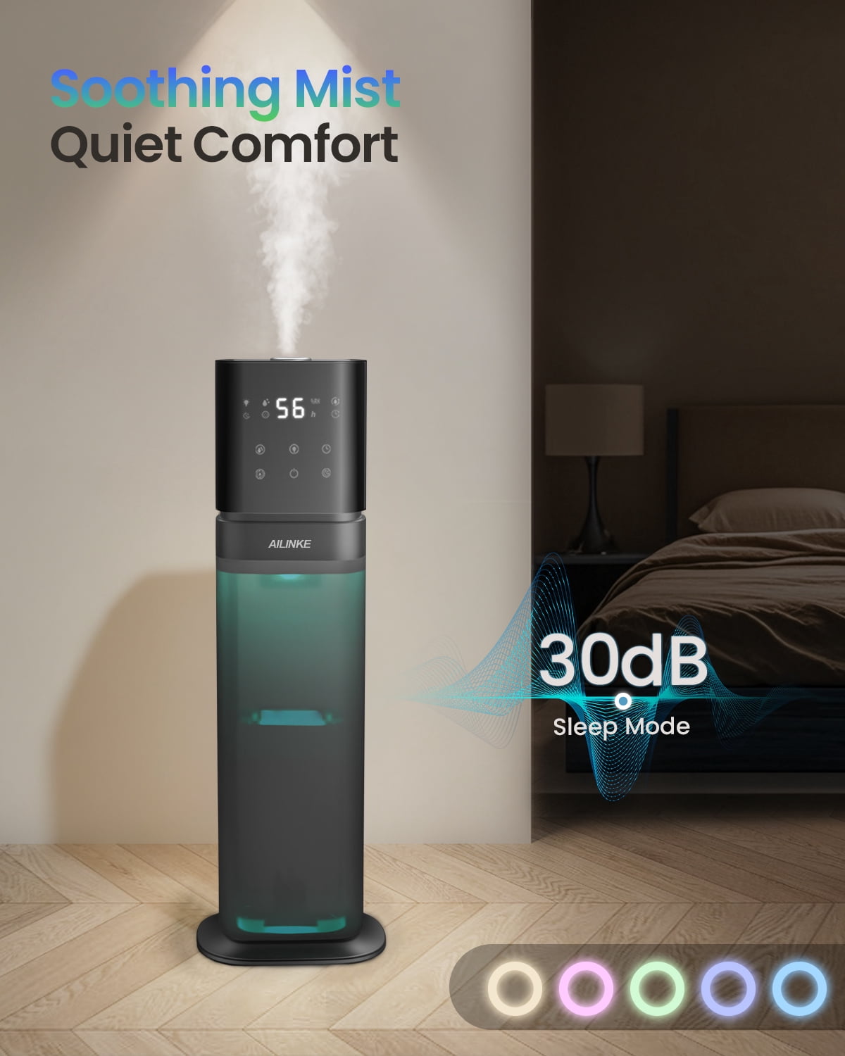 Smart Humidifier Large Room, 2.1Gal/8L Humidifiers for Bedroom with Extended Tube&Night Light, Whole House Cool Mist, Dark Blue