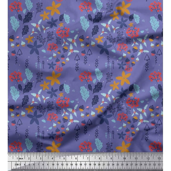 Soimoi Purple Cotton Duck Fabric Artistic Leaf & Floral Print Sewing Fabric Yard 42 Inch Wide