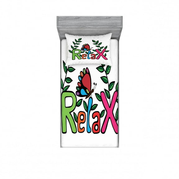 Saying Bedding Set with Sheet & Covers, Colorful Doodled Style Bold Font Relax Text Inscription with Butterfly and Leaves, Printed Bedroom Decor 2 Shams, 4 Sizes, Multicolor, by Ambesonne