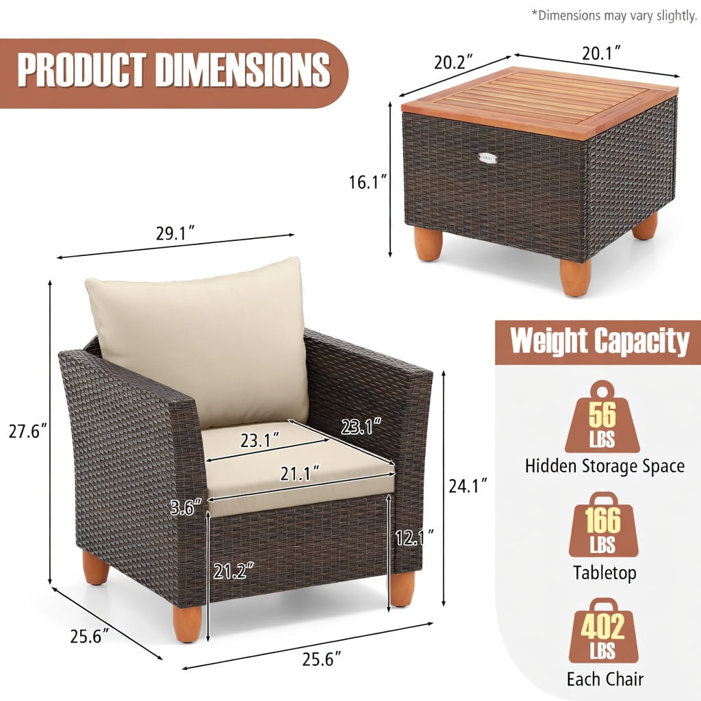 Hommoo 3-Piece Outdoor PE Wicker Patio Furniture Set with Acacia Wood Storage Coffee Table & Premium Cushions, Brown